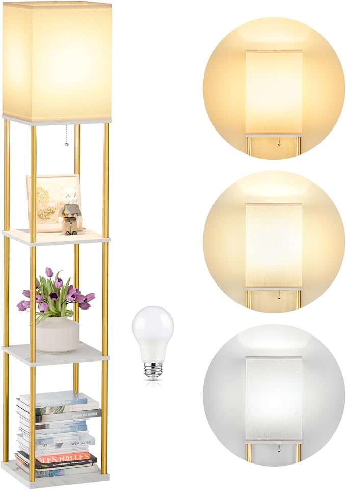 SHINE HAI Floor Lamp with Shelves, 3-Tier Square Modern Shelf Lamp | 3CCT Bright Bulb Included, Tall Standing Lamps for Living Room Bedroom Office