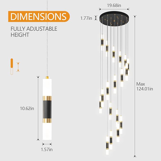 18-Light Modern Kitchen Island Black Gold Ceiling Pendant Light Dimmable LED 108W Staircase Large Chandelier Lobby Living Room Bedroom Foyer High Ceiling Chandelier