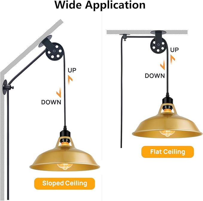 Plug in Gold Pendant Light, Mid Century Hanging Lights with Plug in Cord 14.76ft, Adjustable Pulley, Rustic Hanging Ceiling Lamp with On/Off Switch for Kitchen, Living Room, Pool Table (2 Pack)