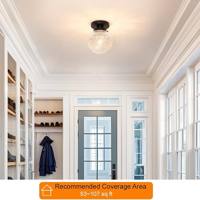 Daunton Semi Flush Mount Ceiling Light Fixtures, Vintage Globe Glass Ceiling Light Fixture, Antique Small Black Hallway Light Fixtures for Bedroom, Closet, Entryway, Bathroom, Kitchen