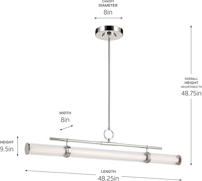 Kichler Riven LED 1-Light Linear Chandelier with Clear Fluted Glass in Polished Nickel, Sloped Ceiling Compatible, for Kitchen or Dining Room (9.5" x 8" x 48.25"), 52753PNLED