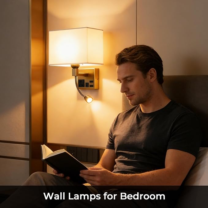 Wall Lamp for Bedroom Living Room Office Hotel, Plug in Wall Sconce with AC Outlet & USB Charging Port, Wall Mount Reading Light 360°Adjustable, Gold Headboard Lamp With 3 Color Temperature