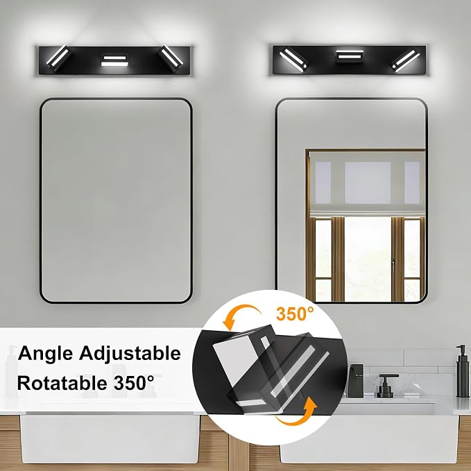 LED Modern Bathroom Light Fixtures, 3-Light 24-Inch Dimmable 5CCT Adjustable Matte Black Vanity Lights for Bathroom Lighting Fixtures Over Mirror, 350° Rotatable Wall Lamp