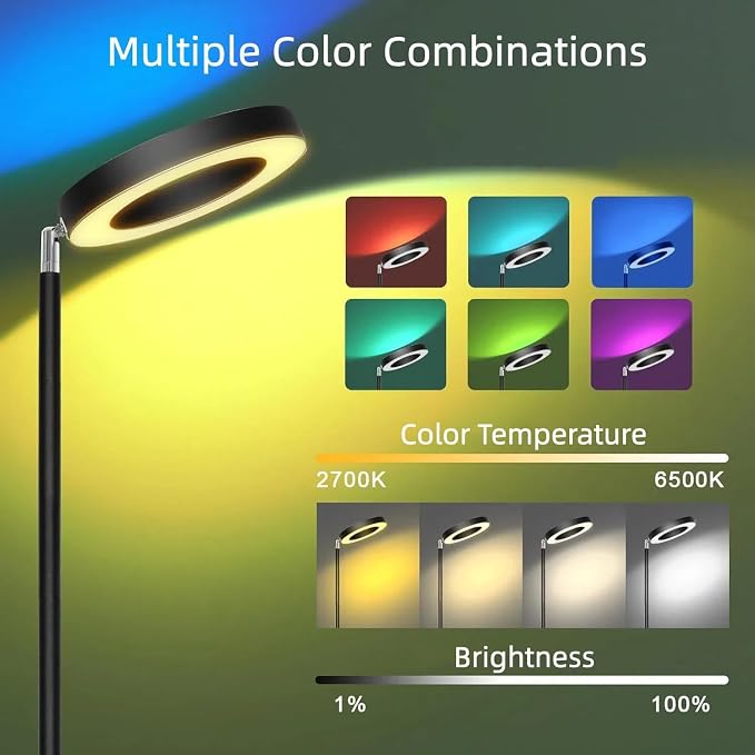 42W Dual-Sided Floor Lamp, RGB Color Changing LED Standing Lamp with Remote, Stepless Dimmabe Warm/Neutral/Cool Floor Light, Modern Torchiere Tall Lamps for Living Room Bedroom Gaming Party