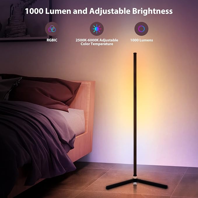 WISIMMALL RGB Corner Floor Lamp, Bluetooth APP and Remote Control Music Sync LED Modern Floor Lamp for Living Room, Light Timing, 398 Dimmable Modes, 64.5" RGB Color Changing Mood Lighting