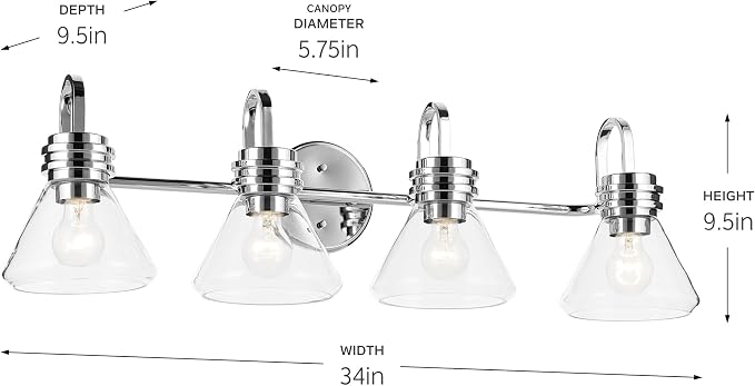 Kichler Farum 4-Light Bathroom Vanity Light, Chrome | Modern vanity light with clear glass for single or double bathroom mirrors (34" x 9.5"), 55156CHCLR