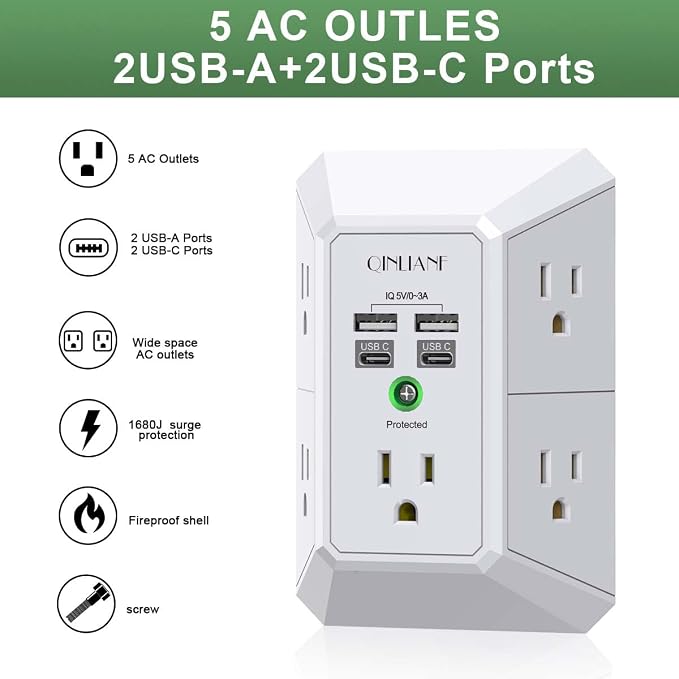 USB Wall Charger, Surge Protector, QINLIANF 5 Outlet Extender with 4 USB Charging Ports(2U2C) 3-Sided 1680J Power Strip Multi Plug Outlets Wall Adapter Spaced for Home Travel Office, White