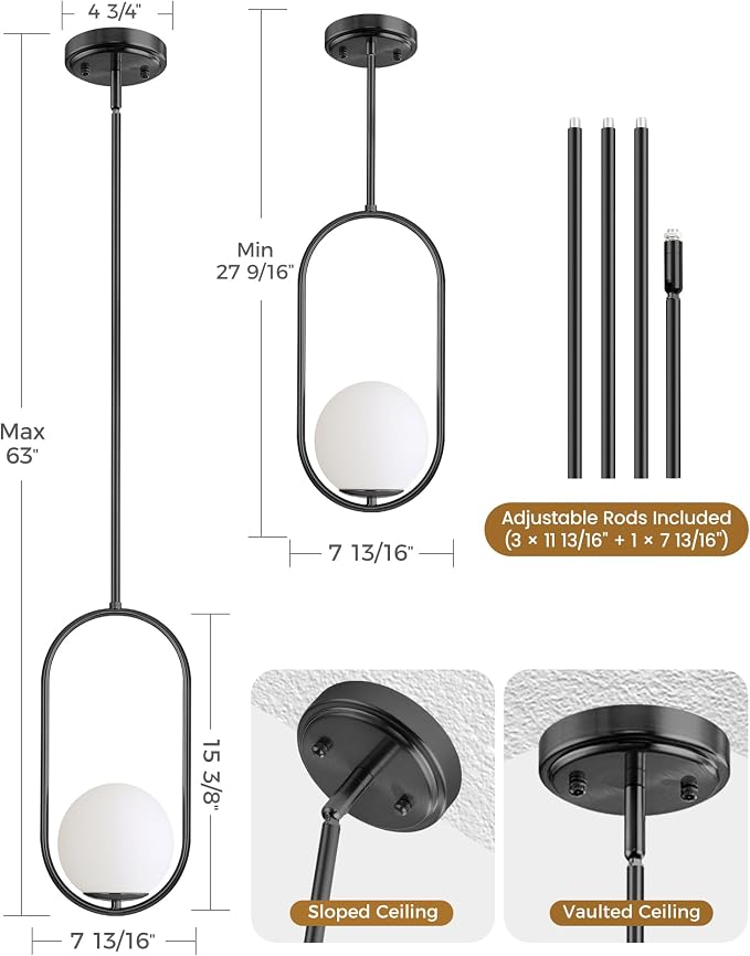 Majade Pendant Lights Kitchen Island, Mid Century Modern Pendant Light Fixtures, Black Globe Glass Pendant Lighting, Chandelier Adjustable Hanging Light for Dining Room Bathroom Bedroom