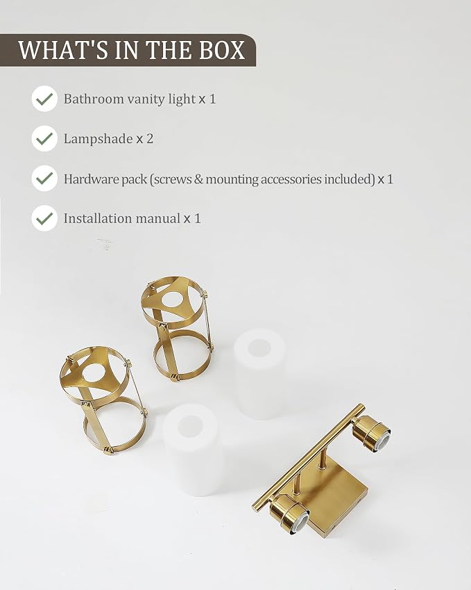 2-Light Brushed Gold Bathroom Light Fixtures with Milk White Frosted Glass, 13.2" UL-Listed Modern Wall Sconce Over Mirror with Metal Cage for Bath, Hardwire E26, OS-3014BGW-2W