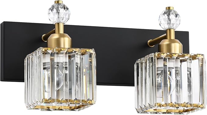 PRESDE Crystal 2 Light Bathroom Vanity Lights Black and Gold Bathroom Lights Fixtures Over Mirror Modern Bedroom Hallway