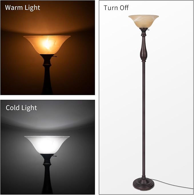 Floor Lamp with Alabaster Glass Bowl Shade, 72 Inch Tall Torchiere, Dark Brown, Brushed Nickel