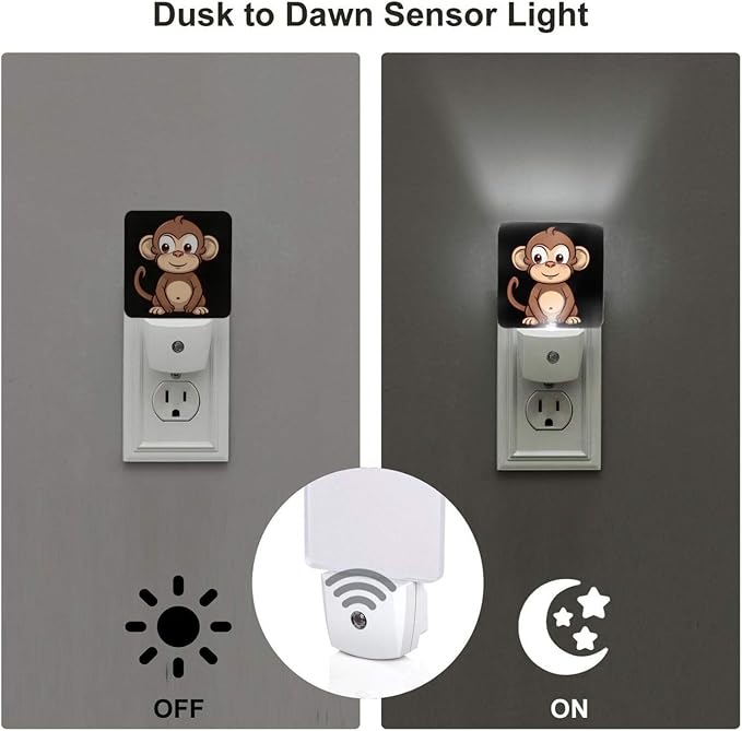 Cartoon Brown Monkey Print Night Light with Light Sensors Plug in LED Lights Smart Nightstand Lamp Plug in Night Light for Bedroom Bathroom Hallway Home Decor