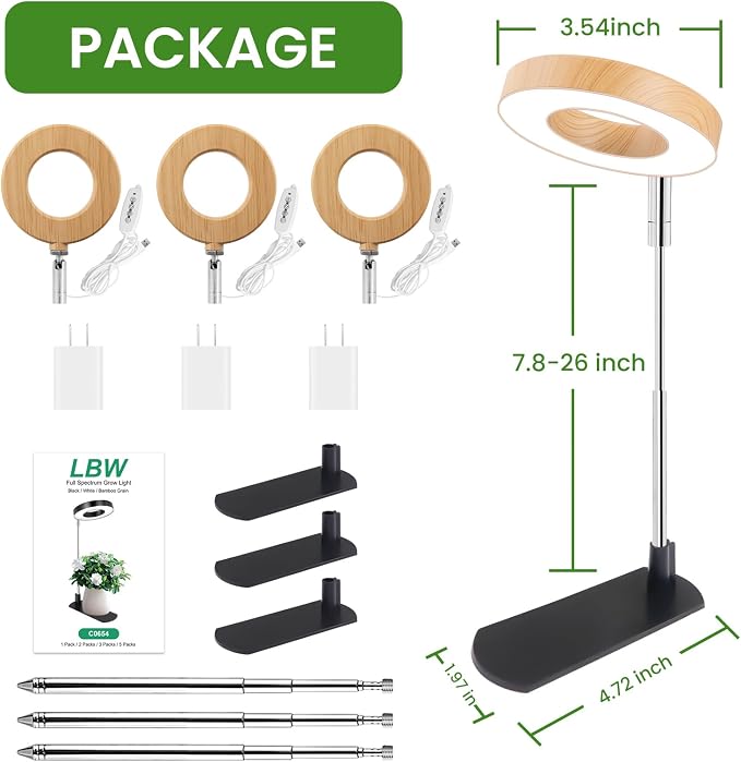 LBW Grow Lights for Indoor Plants, Full Spectrum Halo Grow Light with Base | 48 LEDs Bamboo Grain For Small Plant, Base/Soil Stake, 7.8-26" Adjustable, 6/8/12/16H Timer, 3 Color, 5 Brightness, 3 Packs