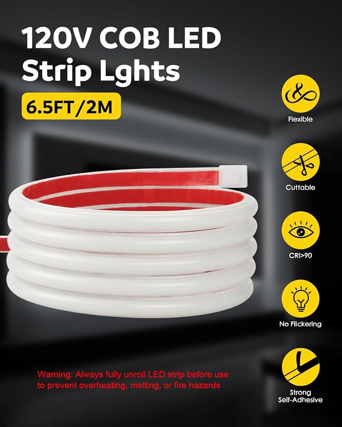Aclorol 110V COB LED Strip Lights Outdoor Waterproof 6.56ft/2M Daylight White 6000K CRI90+ Flexible and Unifrom LED Light Strip for Bedroom Office Desk Indoor Outdoor Decoration 288LEDs/M IP67