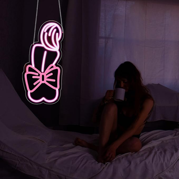 Lady Neon Sign - Pink Bow Neon Signs for Wall Decor, Lady Led Sign for Bar, Party, Home, Room Decor, USB Powered
