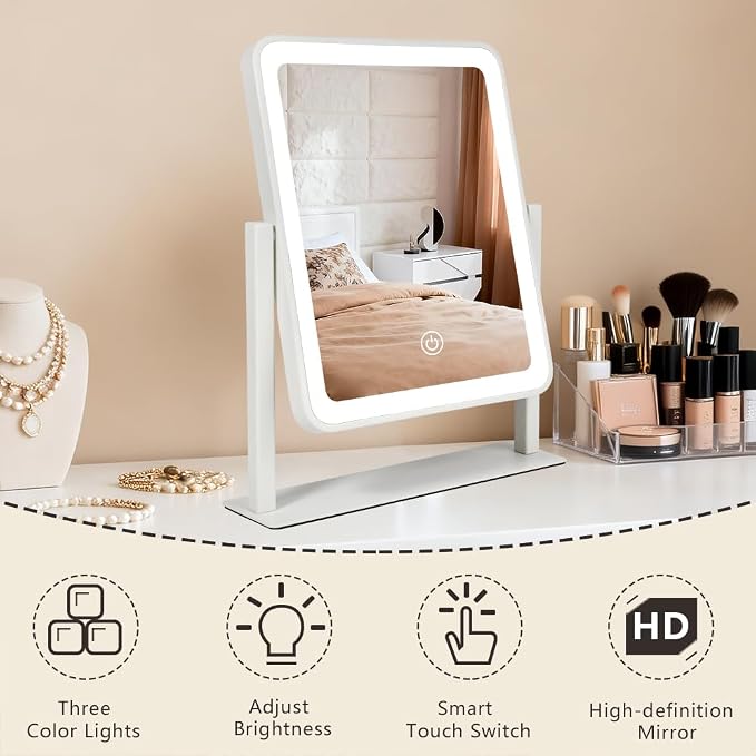 YEKKOPT Vanity Mirror with Lights, 12"x10" LED Makeup Mirror, 3 Color Modes | Smart Touch Sensor,3 Adjustable Lighting Modes,Modern Vanity Decor,Rechargeable & Cordless Design,Ideal Gift Choice