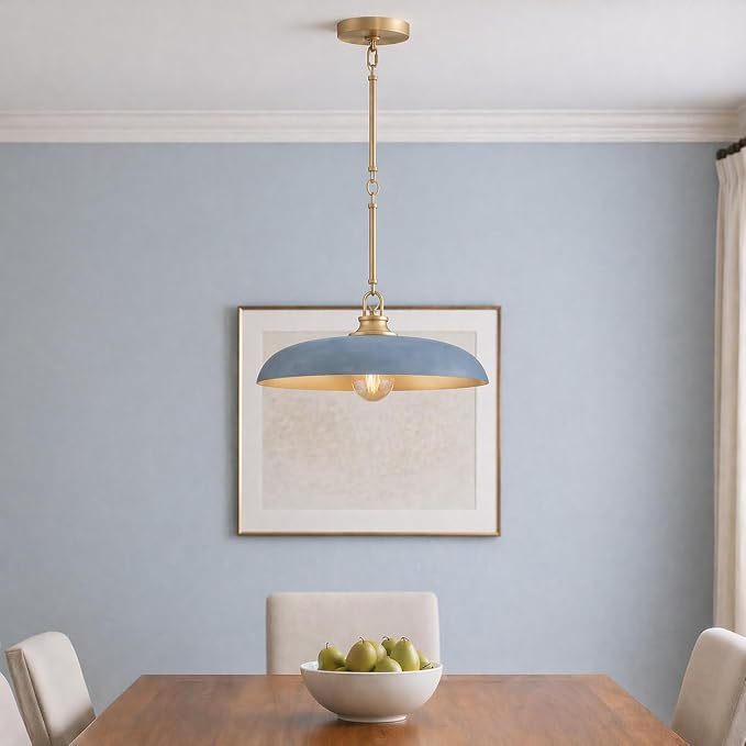 Hinkley Sadie 18" Medium Dome Pendant, Vintage Denim with Lacquered Brass | Two Tone Saucer Chandelier, Includes (5) 7" Downrods, Needs a Med. LED Bulb, Adjustable Height, Dining Room, Kitchen