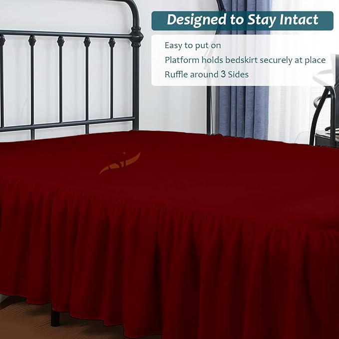 Shreem Linen Ruffled Bed Skirt with Split Corners, Gathered Style, 100% Microfiber, 16-Inch Drop, Dust Ruffle Bedskirt with Platform, Twin, Burgundy