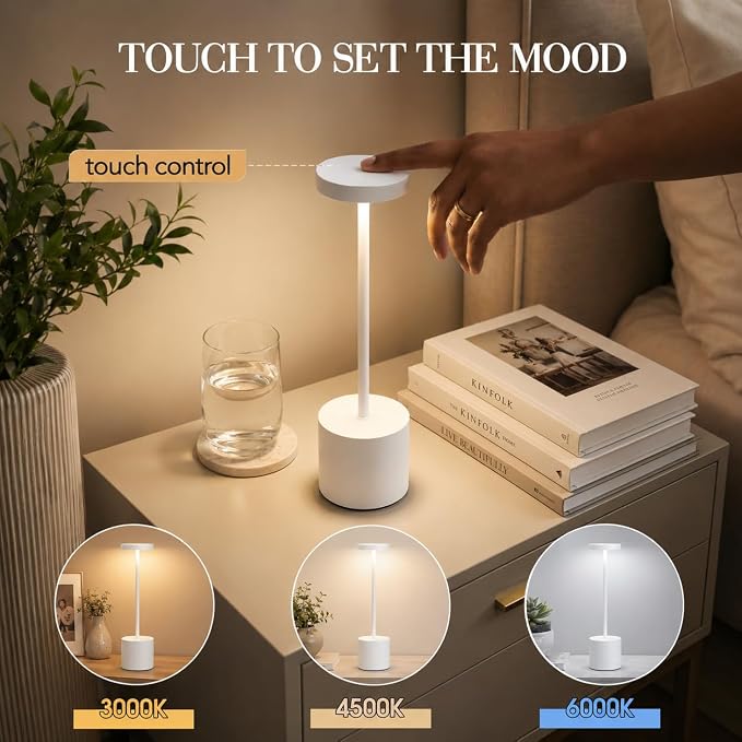 AUDLES White Cordless Table Lamp Set of 2, USB Rechargeable Touch Dimmable | Desk lamp with 3 color temperatures, touch control, USB charging, IP54 rated for bedroom, dorm, office, and nightstand