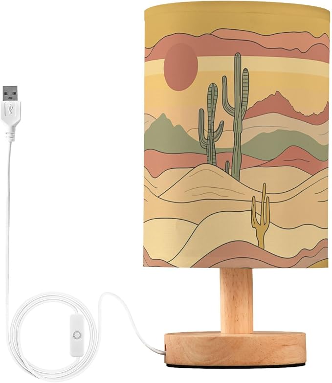 Fustylead Abstract Desert Sunset Cactus Bedside Table Lamps with USB Port for Bedroom Lamp Accent Table Lamp Small Nightstand Lamp Sturdy Linen Shade Wooden Decorative Lamps for Home|Kids|Holiday
