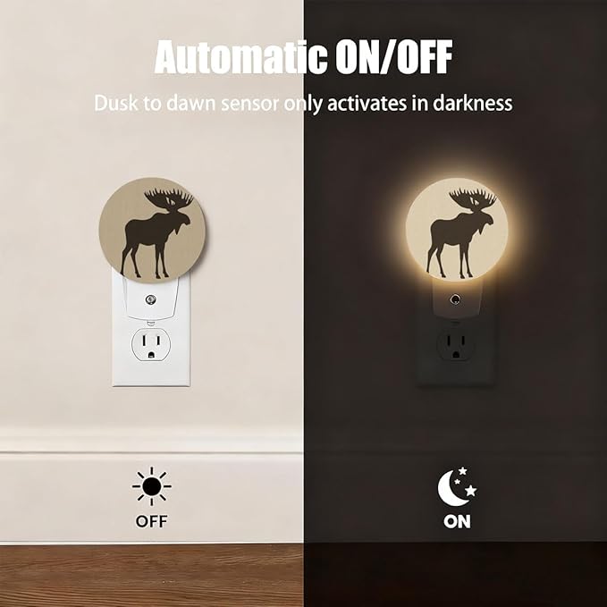 Plug-in Moose Silhouette Night Light Wildlife Night Lights Plug into Wall with Auto on/Off Sensor, 0.5W LED Nightlight for Bedroom Bathroom Kitchen Hallway