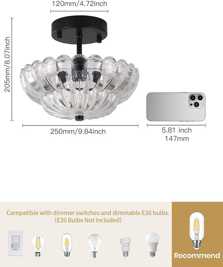 Semi Flush Mount Ceiling Light, Mini Vintage Black Close to Ceiling Light Fixture with Glass Shade, Modern Lighting for Bedroom Hallway Kitchen Laundry-Clear
