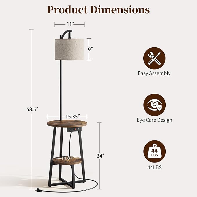 Yoobure Floor Lamp with Table - Farmhouse Night Stand with Charging Station | Side Table with Floor Lamps for Living Room, Bedroom, End Table with Lamp Attached 3 Color Temperatures Bulb, 2 Tier Shelves
