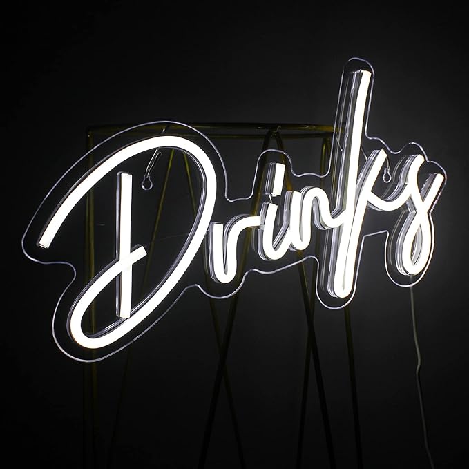 Looklight White Neon Light Drinks Letters Led Signs USB Powered Up Wall Decor for Teen Boys Room Bedroom Restaurant Bar Hotel