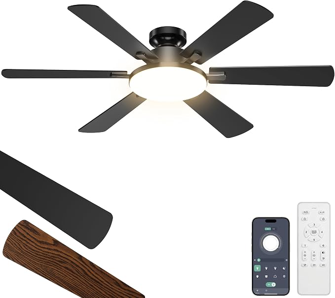 52'' Ceiling Fan with Light Remote/APP Control for Living Room | 6 Blades Dual-Finish, 6 Speeds, MAX 5600 CFM, 3CCT Dimmable LED, All Metal Body, Memory Function, Quiet Reversible DC Motor