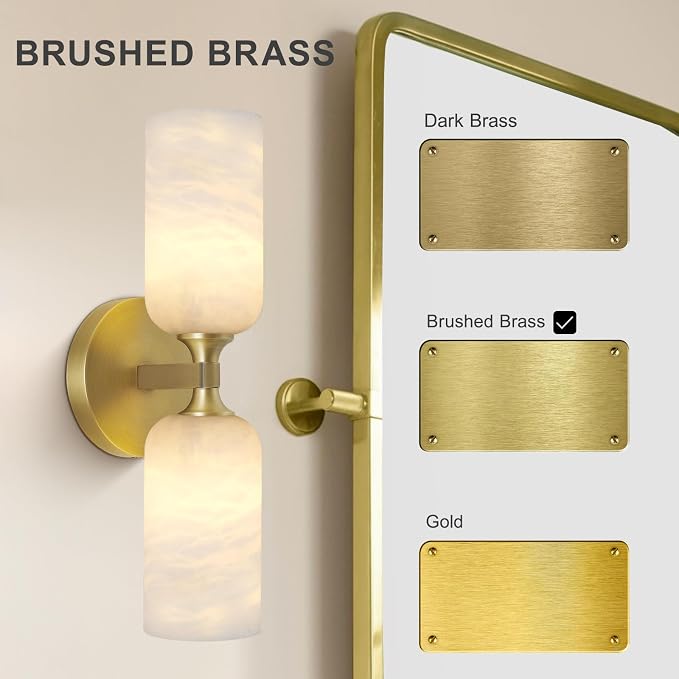 Alabaster Wall Sconces, 14" Modern Spanish Natural Marble Vanity Light, Dimmable Hardwired Brass Gold Wall Sconce Lighting for Bathroom Mirror, Bedroom, Living Room, Luxury Stone Wall Fixtures (1 Pcs)
