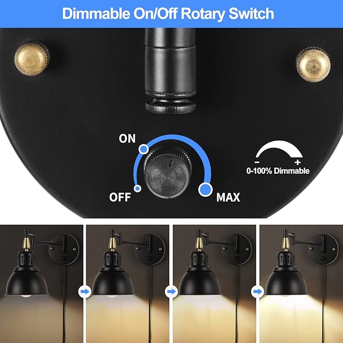 TRLIFE Dimmable Swing Arm Wall Lights with Plug in Cord Wall Mounted Light Industrial Wall Sconce , E26 Base, UL Listed(1 Pack)