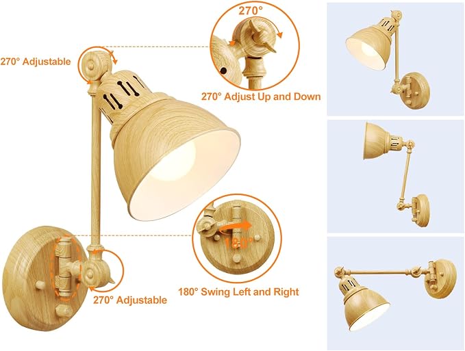 GOODATE 1 Pack Plug in Wall Sconce with Remote Control, Dimming, Adjustable Colors 2700K-6500K, Plug in Wall Light, Swing Arm Wall Lamp with Night Light & Timer, LED Bulb Included, Oak Finish