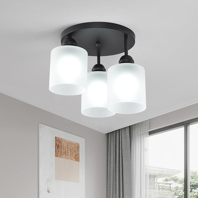 Semi Flush Mount Ceiling Light with Clear Glass Shades,3-Lights Industrial Semi Flush Mount Ceiling Light, 3-Light Industrial Black Light Fixtures Ceiling Mount for Kitchen Living Room Foyer