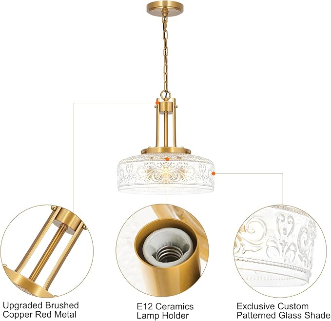 Vintage 3-Light Pendant Lights Kitchen Island, Gold Brushed Metal & Clear Glass Ceiling Pendant Light, Adjustable Gold Chandelier Light Fixture Over Dining Table ,Bathroom, Breakfast, Hallway, E12*3
