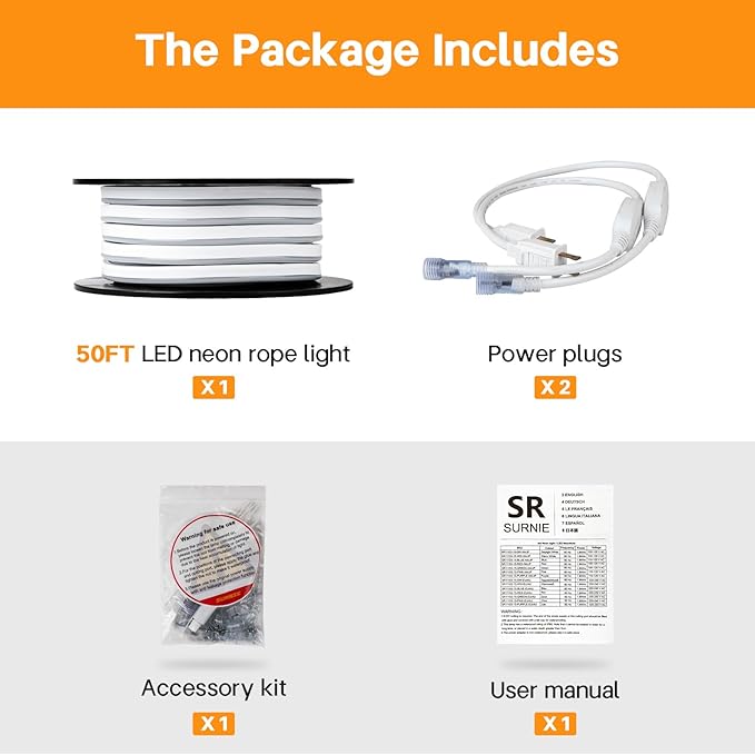 SURNIE 50ft/15m LED Neon Rope Lights - 110V Flex Strip Lights Outdoor Waterproof - 6000K Daylight White Flexible DIY Cuttable Connectable Light for Bar, Gaming Room, Commercial Building Use