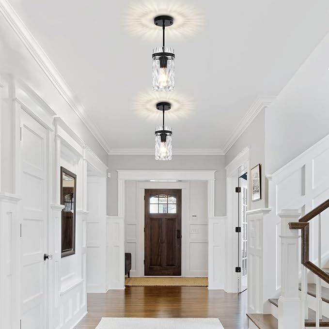 Modern Black Pendant Lights Kitchen Island, Hammered Glass Kitchen Pendant Lighting Over Island Adjustable Hanging Hallway Light Fixtures Mini Chandelier for Dining Room Bathroom Entryway
