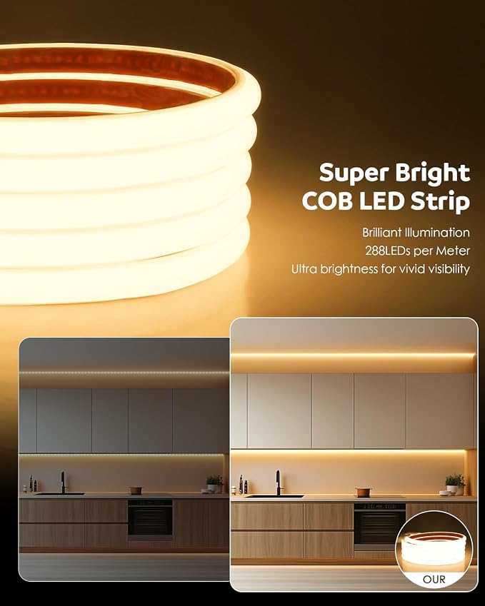 Aclorol 10FT COB LED Strip Lights 110V 120V Plug in Warm White 3000K Outdoor Rope Lights Waterproof IP67 with Self-Adhesive Super Bright for Kitchen Cabinet Bathroom Outdoor Deck Lighting Decoration
