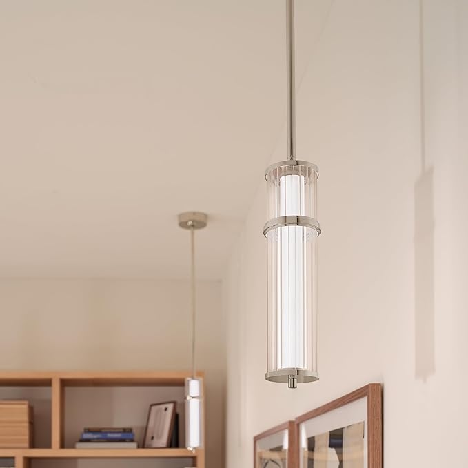 Kichler Riven LED 1-Light Pendant with Clear Fluted Glass in Polished Nickel, Sloped Ceiling Compatible, for Kitchen or Dining Room (15.5" x 5"), 52755PNLED