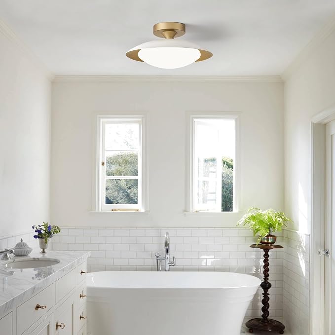 Dimmable Modern Mid-Century LED Ceiling Light, White and Gold, 12.6 Inch | Semi Flush Mount Ceiling Light, 5CCT 2700K-6000K Lighting Fixture Ceiling Lamp with Glass Shade for Bedroom Hallway Kitchen