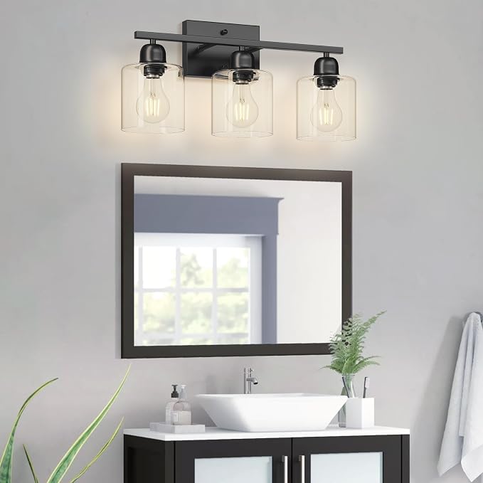 Modern 3 Light Bathroom Light Fixtures, 19 inch Black Vanity Lights For Bathroom With Clear Glass, Bathroom Lighting Fixtures Over Mirror For Mirror Kitchen Living Room Hallway Cabinet Porch