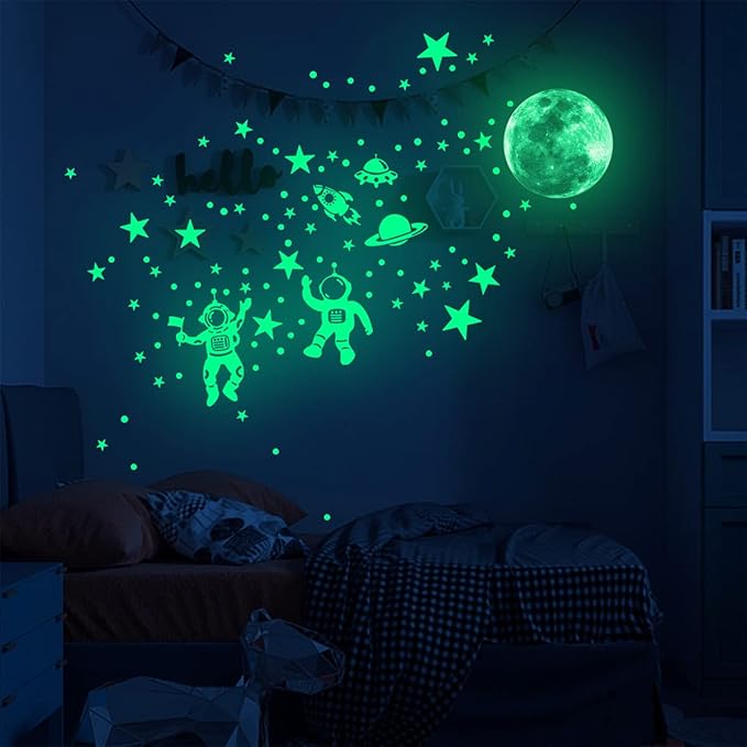 DIY Creativity Starry Sky Astronaut Night Light Stickers Cartoon Rabbit Wall Stickers Star Spaceship Night Light Stickers Room Decoration Wall Stickers (Space World)