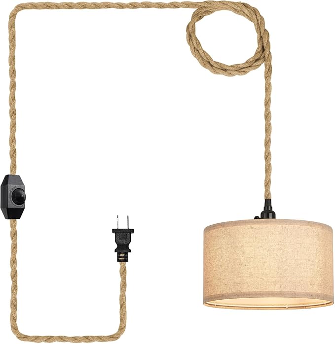Plug in Pendant Lights Fabric Hanging Lamp Kit with Dimmable Switch 15 Ft Long Hemp Rope Farmhouse Pndant Light Cord Lighting Fixture DIY Hanging Light