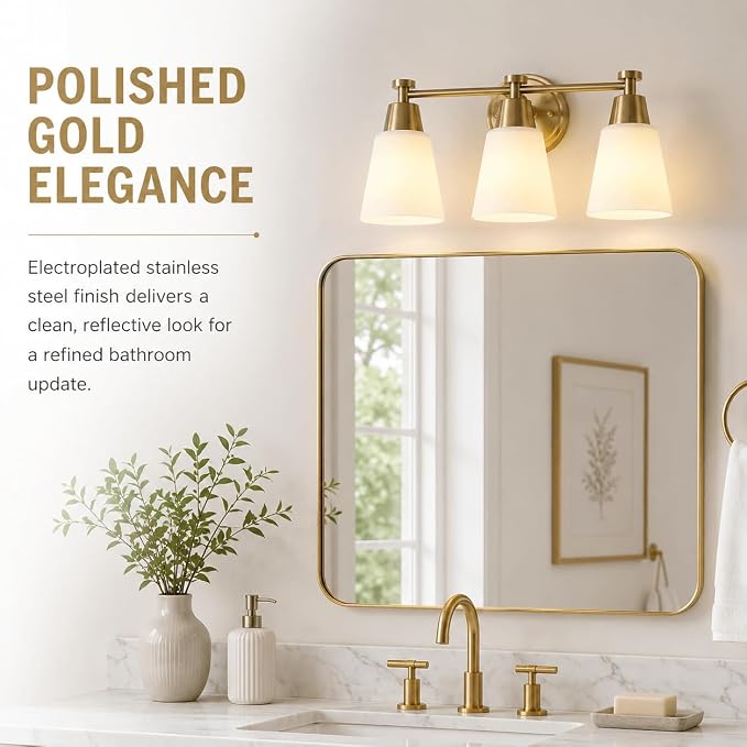 3-Light Bathroom Vanity Light, Gold Finish with Milk Glass Shades, Over Mirror, for Bathroom Vanity