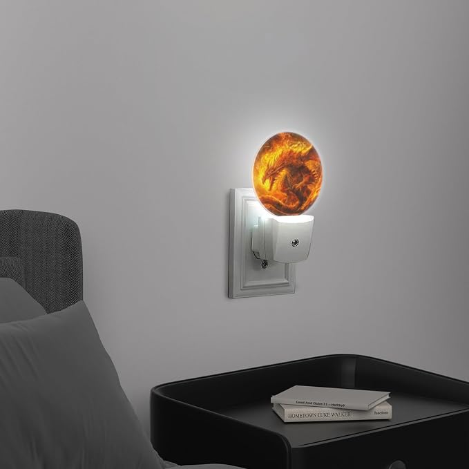 Round LED Night Lights Lamp with Dusk to Dawn Sensor, Fantasy Painting Of Enormous Majestic Dragon Made Out Of Fire Night Light Plug Into Wall for Kids Room, Bedroom, Bathroom, Kitchen, Hallway