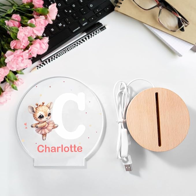 Personalized Ballet Cartoon Animal Night Light, Custom Name LED Light with Wooden Base Nursery Decor Gift for Kids