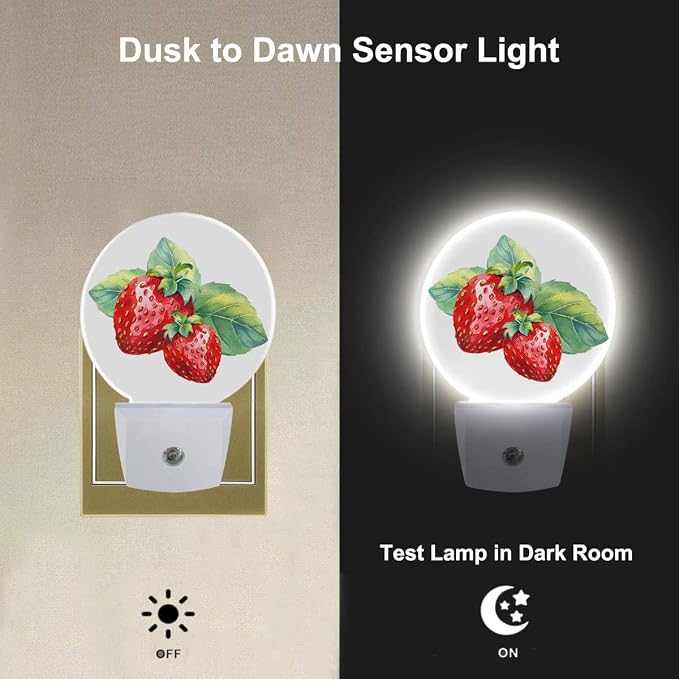Nightlight Watercolor Strawberry with Fresh Green Leaf Night Lights Plug into Wall Dusk to Dawn Sensor Round Night Light for Adults Boys Girls, 0.5W Energy Efficient