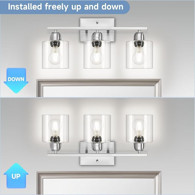 Modern Brushed Nickel 3 Light Bathroom Light Fixtures,19 inch Vanity Lights For Bathroom With Clear Glass, Bathroom Lighting Fixtures Over Mirror For Mirror Kitchen Living Room Hallway Cabinet Porch