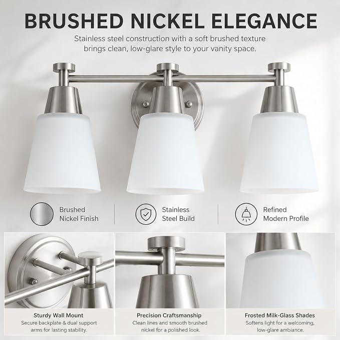3-Light Bathroom Vanity Light, Brushed Nickel Finish with Milk Glass Shades, Over Mirror, for Bathroom Vanity