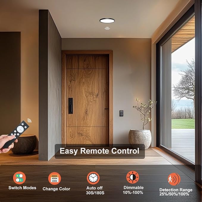 9in Motion Sensor Ceiling Light Indoor, 20W 2000LM, Black | Hardwired Flush Mount, Remote Dimmable, 3000K/4000K/6000K, Closet Hallway Porch Laundry Stairway Basement