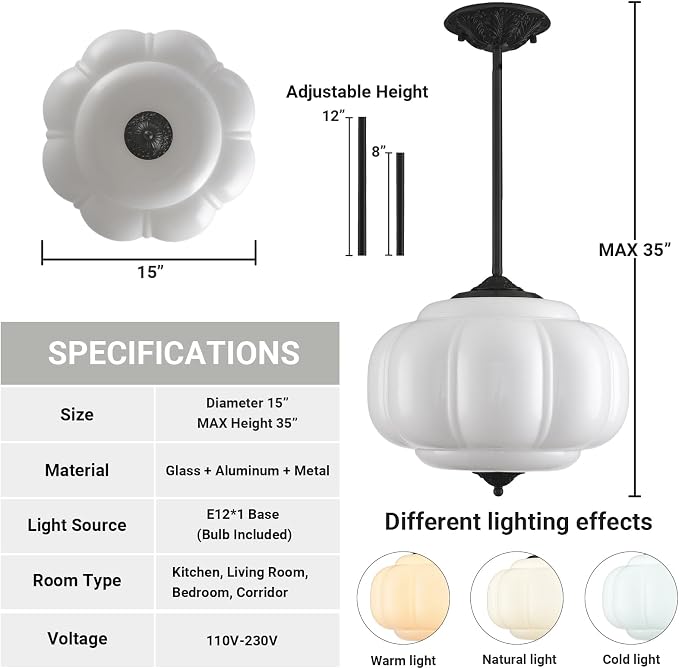 LOUSACE 15 in White Milk Glass Ceiling Light Fixture, Semi Flush Mount Vintage Milk Glass Pendant Light for Kitchen Island Hallway Bedroom Dining Room, LED Bulb Included